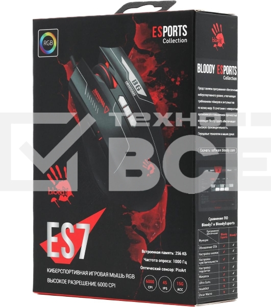 Мышь проводная A4Tech Bloody ES7 черный, 6000 dpi, USB, кнопки - 8