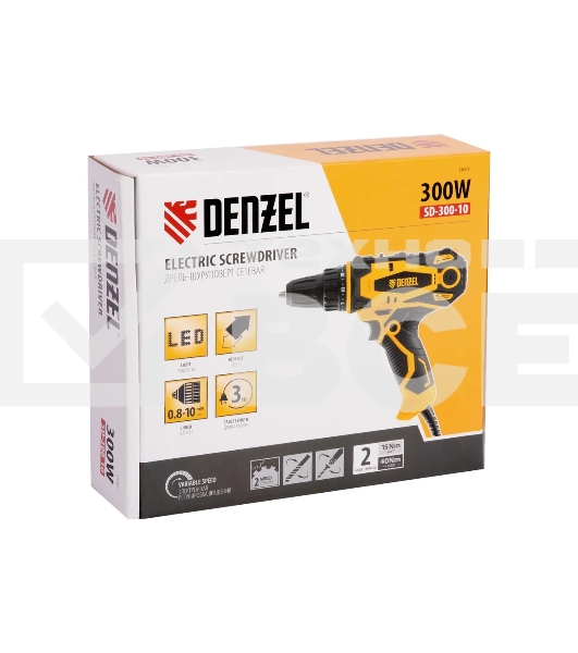 Дрель-шуруповерт Denzel SD-300-10, Сетевая, 300Вт