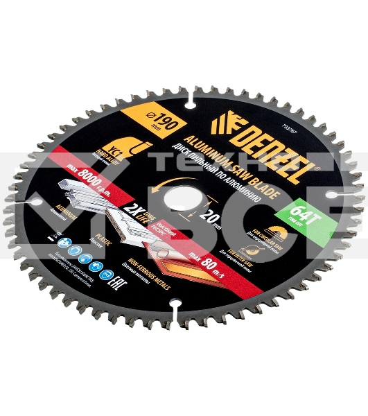 Пильный диск по алюминию Denzel ф190 х 20 мм, 64 зубьев 733767