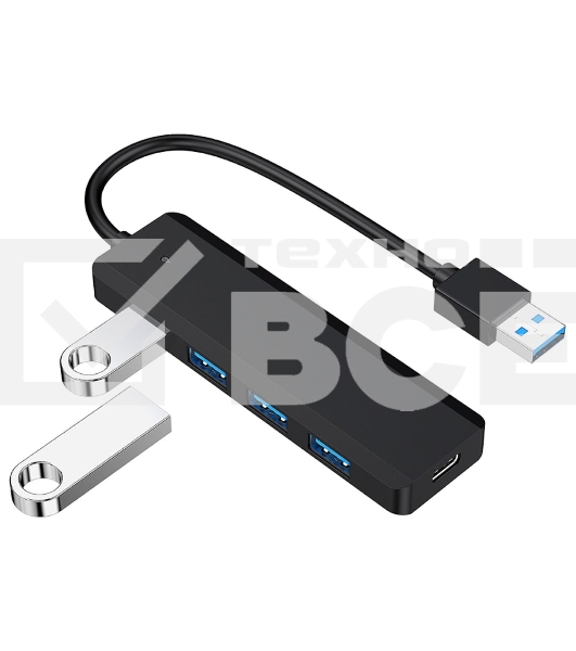 Концентратор USB 3.0 Gembird UHB-C414, 4 порта, кабель 19см, с доп питанием (Type-C)