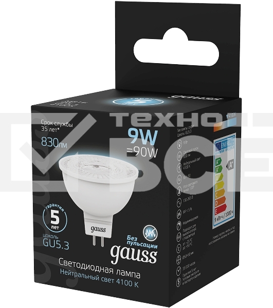 Лампа светодиодная Gauss 101505209 9Вт цок.:GU5.3 рефлек. 150B св.свеч.бел.нейт. MR16 (упак.:10шт)