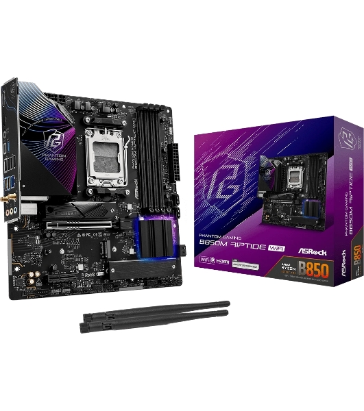 Материнская плата ASRock B850M Riptide WiFi, AM5, AMD B850, 4xDDR5, 4xSATA, 3xM.2, 1xPCIe 5.0 x16, 1xPCIe 4.0 x4, 1xHDMI, 1xDP, 1x2.5Gb LAN, Wi-Fi 7, Bluetooth 5.4, 1xUSB-C 10Gbps, 1xUSB-A 10Gbps, 2xUSB-A 5Gbps, 4xUSB-A 2.0, 3x3.5 мм, 7.1, mATX