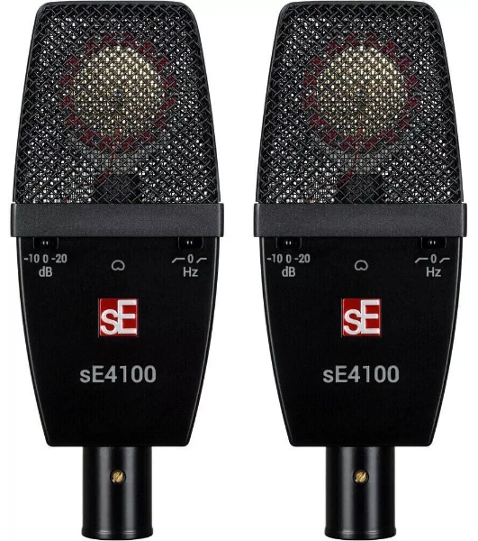 Микрофон конденсаторный sE Electronics SE 4100 Pair подобранная пара универсальных студийных конденсаторных микрофонов с большой диафрагмой 1', 20 Гц - 20 кГц, кардиоида, комплектация: два держателя 'паук', два резьбовых адаптера, планка для крепления