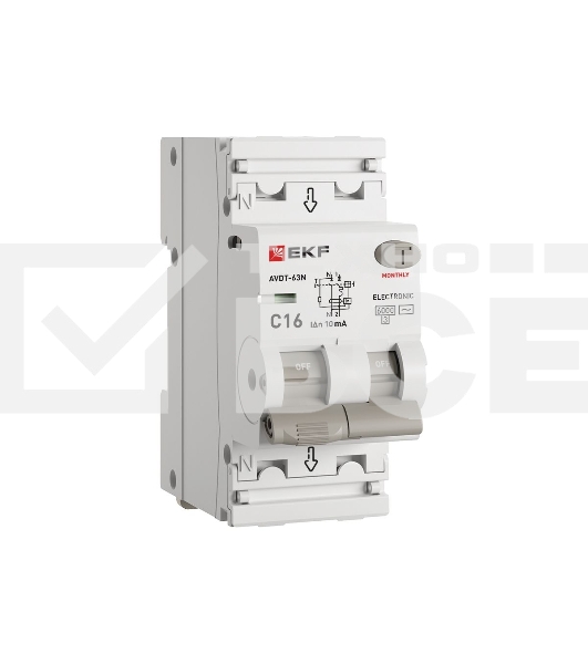 Выключатель автоматический дифференциального тока 2п (1P+N) C 16А 10мА тип AC 6кА АВДТ-63N (электрон.) PROxima EKF D63N26E16C10