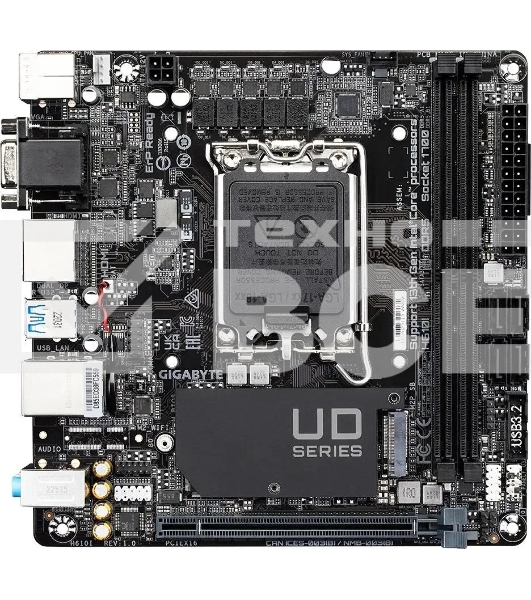 Материнская плата Gigabyte H610I, LGA 1700, Intel H610, 2xDDR5, 4xSATA, 1xM.2, 1xPCIe 4.0 x16, 1xHDMI, 1xVGA, 2xDP, 1x 1Gb LAN, 2xUSB-A 3.2 Gen 1, 4xUSB-A 2.0, 3x 3.5 мм, 7.1, Mini-ITX
