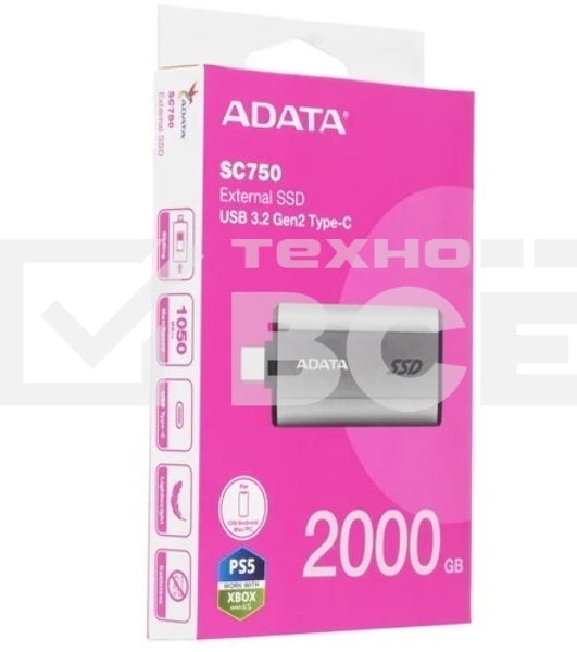 Твердотельный диск A-DATA External SC750 серый SC750-2000G-CCBK 2TB USB 3.2 Gen 2 Type-C, [R/W -1050/1000 MB/s]