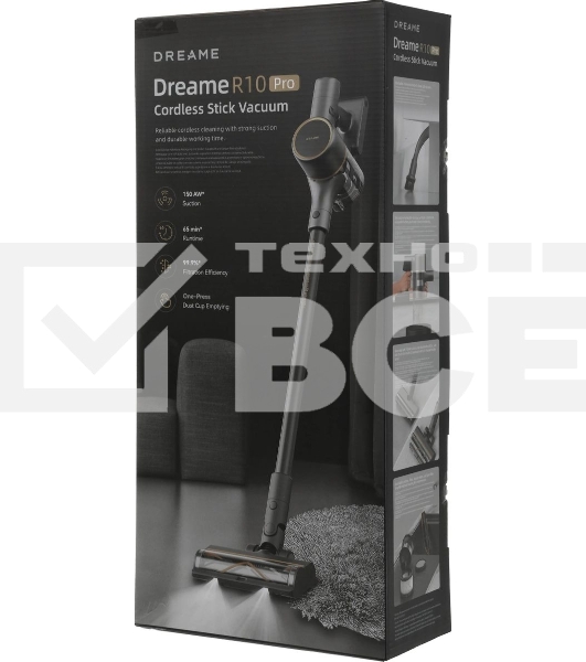Пылесос вертикальный Dreame Cordless Vacuum Cleaner R10 Pro черный, питание от аккумулятора, 150 Вт, уборка сухая, пылесборник 0.6 л
