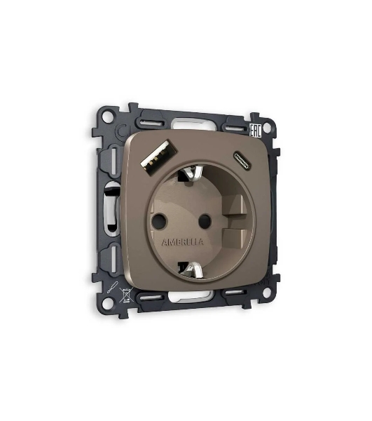 Комплект механизма электрической розетки OMEGA Темная бронза матовый 2USB A+C 20W (быстрая зарядка) с/з QUANT (OP6400, VM160) MO640010