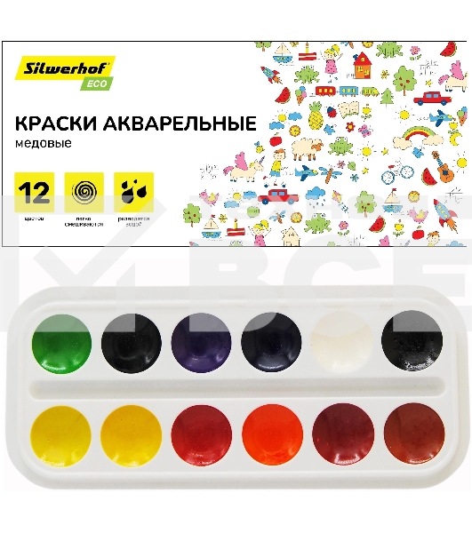 Краски акварельные Silwerhof Eco, медовые, 12 цветов, без кисти, картонная коробка