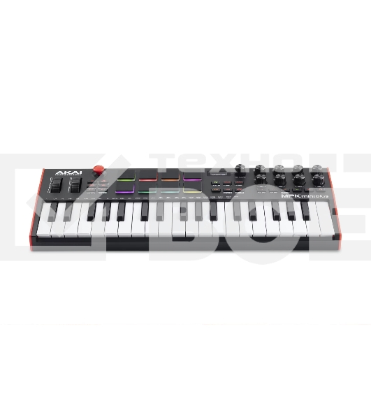 Клавиатура MIDI [MPKMINIPLUS] AKAI [MPK Mini Plus] 37 мини-клавиш, 8 пэдов с RGB, 8 энкодеров, шаговый секвенсор, арпеджиатор, колесо pitch и modulation, OLED дисплей, выходы: CV/Gate: 3 x 1/8 Pitch/Gate/Mod, 1 x 1/8 CV Clock, вход: 1/8 CV Clock MIDI