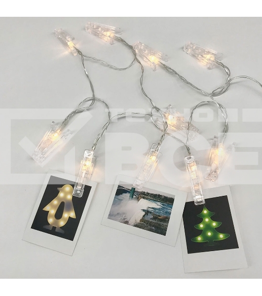 Гирлянда светод. Funray Прищепки, SE-CLIPS-315WW, 3xАА, 3м, 15LED,теплый белый, прозр шнур 0,5м