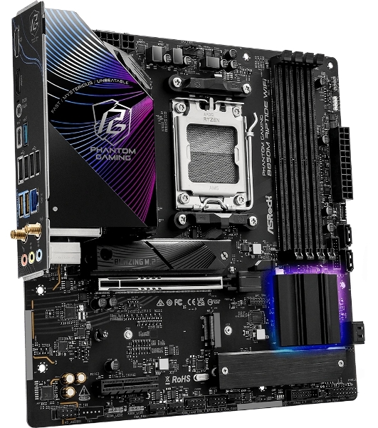 Материнская плата ASRock B850M Riptide WiFi, AM5, AMD B850, 4xDDR5, 4xSATA, 3xM.2, 1xPCIe 5.0 x16, 1xPCIe 4.0 x4, 1xHDMI, 1xDP, 1x2.5Gb LAN, Wi-Fi 7, Bluetooth 5.4, 1xUSB-C 10Gbps, 1xUSB-A 10Gbps, 2xUSB-A 5Gbps, 4xUSB-A 2.0, 3x3.5 мм, 7.1, mATX