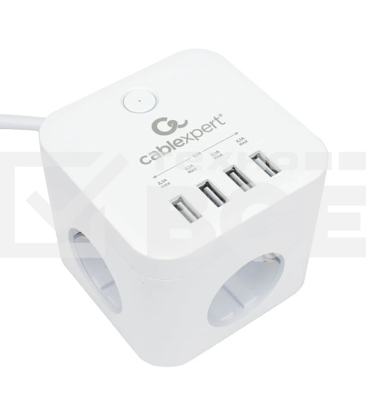 Сетевой фильтр Cablexpert Cube CUBE-3-U4-W-1.5, 3р, 10А, 4хUSB, 1.5м, ур.защиты 4+, белый, коробка