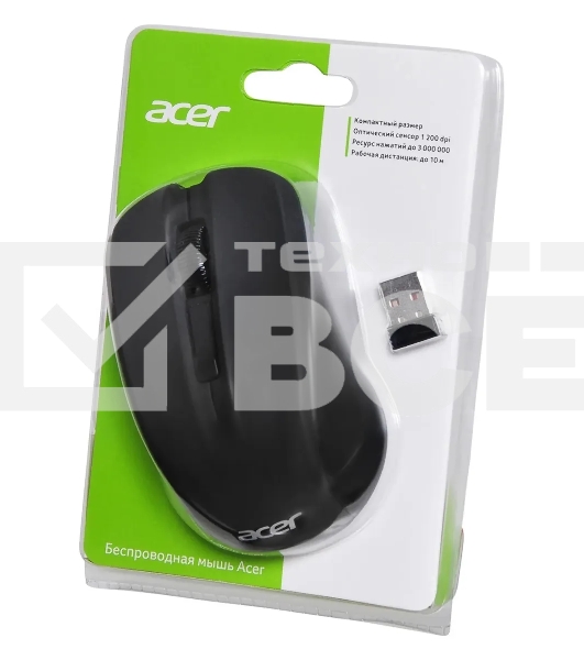 Мышь беспроводная Acer OMR010 черный, 1200 dpi, радиоканал, USB, кнопки - 3