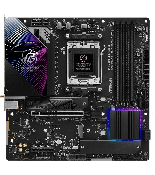 Материнская плата ASRock B850M Riptide WiFi, AM5, AMD B850, 4xDDR5, 4xSATA, 3xM.2, 1xPCIe 5.0 x16, 1xPCIe 4.0 x4, 1xHDMI, 1xDP, 1x2.5Gb LAN, Wi-Fi 7, Bluetooth 5.4, 1xUSB-C 10Gbps, 1xUSB-A 10Gbps, 2xUSB-A 5Gbps, 4xUSB-A 2.0, 3x3.5 мм, 7.1, mATX