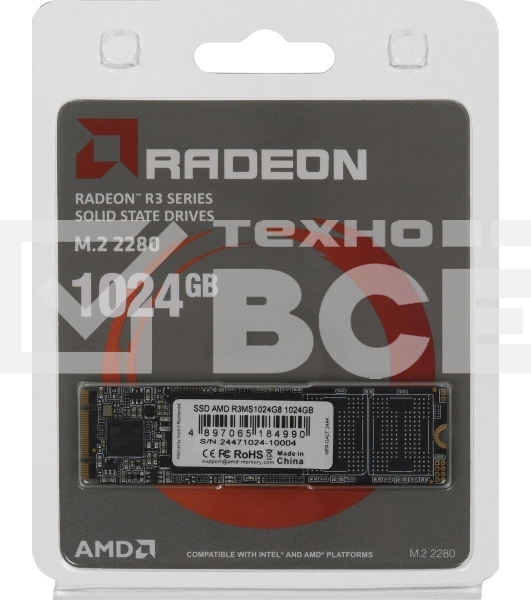 Накопитель SSD AMD Radeon R3MS1024G8, 1 ТБ, M.2 2280, SATA III, R/W 550/500 Мбайт/сек