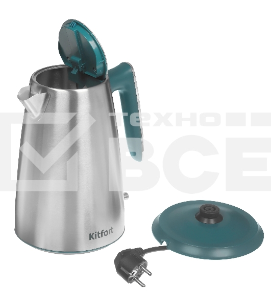 Чайник электрический Kitfort КТ-8725 1.7 л, 2200 Вт, нержавеющая сталь/бирюзовый корпус: нерж.сталь/пластик