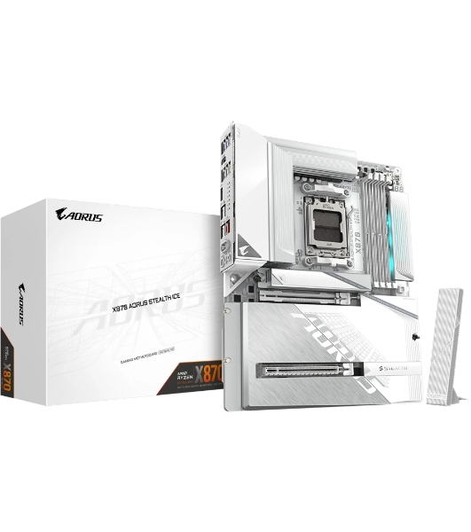 Материнская плата Gigabyte X870 AORUS STEALTH ICE, AM5, AMD X870, 4xDDR5, 2xSATA, 4xM.2, 1xPCIe 5.0 x16, 1xPCIe 4.0 x16, 1xHDMI, 1x5Gb LAN, Wi-Fi 7, Bluetooth 5.4, 2xUSB-C 40Gbps (USB4), 1xUSB-C 10Gbps, 4xUSB-A 10Gbps, 4xUSB-A 5Gbps, 4xUSB-A 2.0, 3x3.5 мм + S/PDIF оптический, 7.1, ATX
