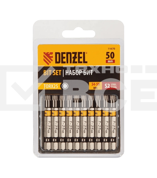 Набор бит Denzel TORX 25х50, сталь S2, шестигранный профиль, 10 шт.