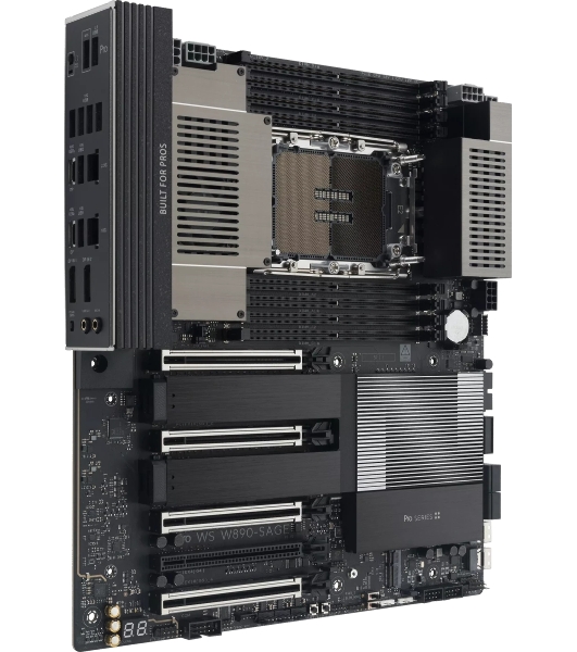 Серверная материнская плата ASUS PRO WS W890-SAGE, 1xLGA 4710-2, Intel W890, 8xDDR5, 4xSATA, 4xM.2, 4xPCIe 5.0 x16, 1xPCIe 4.0 x16, 2xDP, 1x2.5Gb LAN, 1x10Gb LAN, 2xUSB-C 40Gbps (USB4 / Gen3x2), 6xUSB-A 10Gbps, 2xUSB-A 2.0, 7.1, SSI CEB