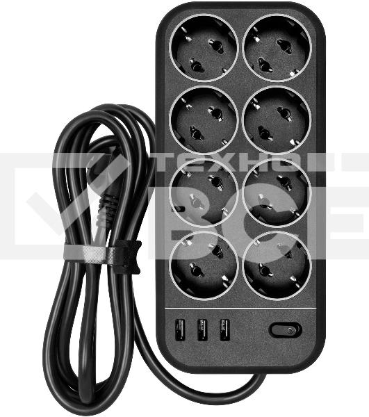 Сетевой фильтр Powercom SP-08 USB03AB 3,0 m 3.0м (8 розеток) черный (коробка)