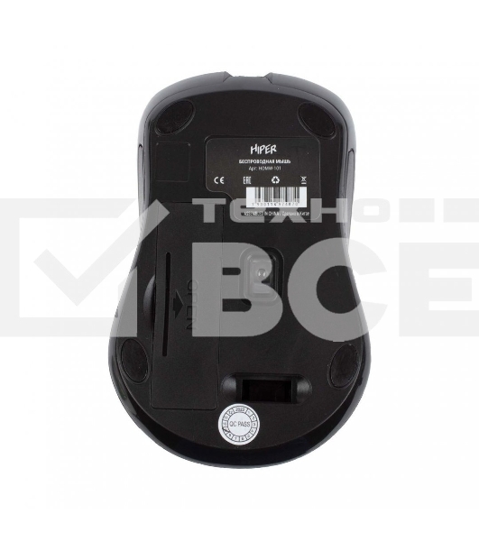 Мышь беспроводная HIPER HOMW-101, 1000-1600 dpi, оптический, 4 кнопки, Soft-touch покрытие, USB-приемник, 2,4 ГГц, батарея 1хАА, черный (HOMW-101)