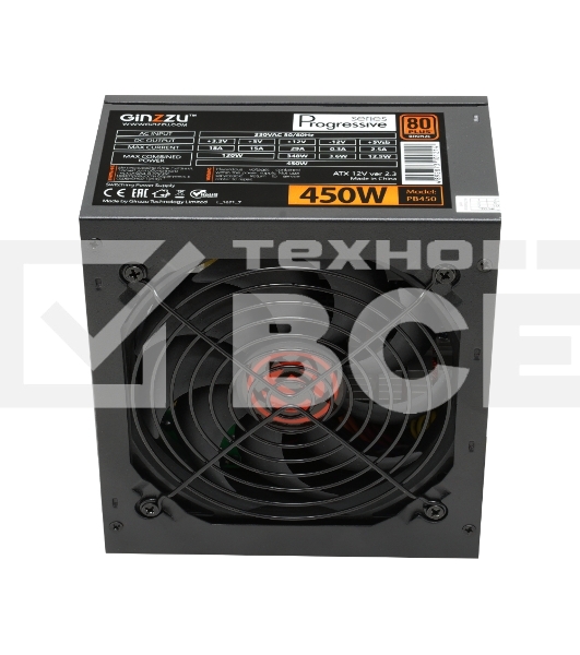 Блок  питания Ginzzu PB450 12CM 80 PLUS  black,APFC,20+4p,1 PCI-E(6+2), 4*SATA, 2*IDE, OEM