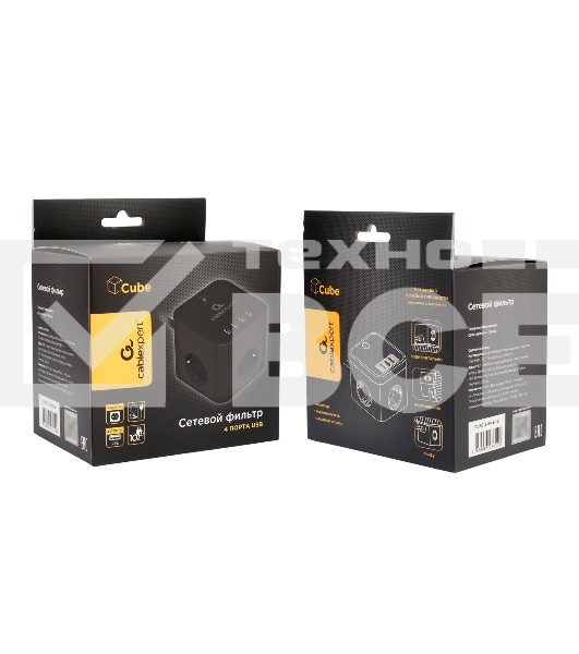 Сетевой фильтр Cablexpert Cube CUBE-3-U4-B-1.5, 3р, 10А, 4хUSB, 1.5м, ур.защиты 4+, черный, коробка