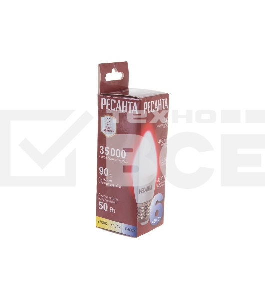 Лампа светодиодная Ресанта LL-R-C37-6W-230-4K-E27 свеча, 6 Вт, нейтр., Е27