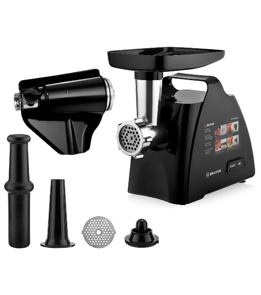Мясорубка электрическая BRAYER BR1606 черный, 1800 Вт, 2.0 кг/мин, реверс, защита от перегрузки, насадки - 5