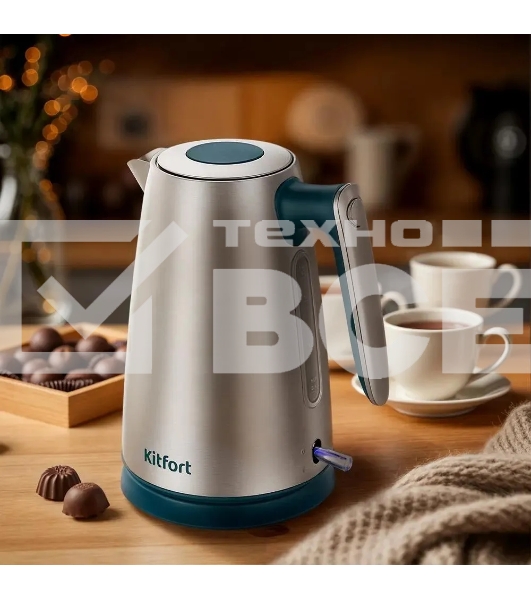Чайник электрический Kitfort КТ-8725 1.7 л, 2200 Вт, нержавеющая сталь/бирюзовый корпус: нерж.сталь/пластик