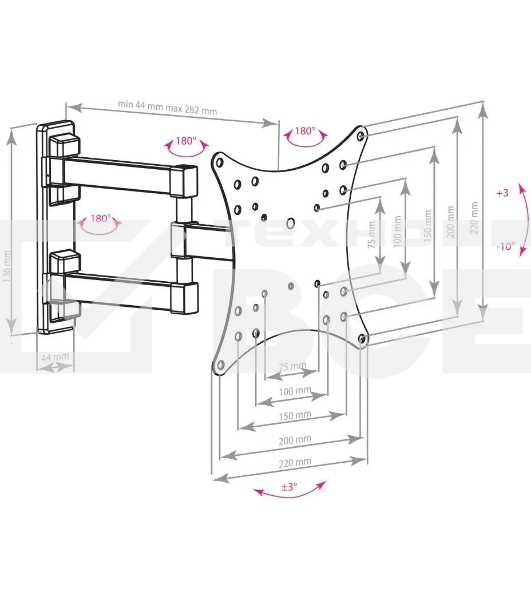 Кронштейн Arm media MARS-04 черный, 20'-43' наклонно-поворотный, от стены 44-282мм VESA 200х200мм, до 20 кг, настенный