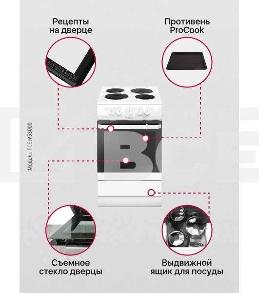 Плита электрическая Hansa FCEW53000 белый, конфорок 4 шт, духовка 68 л, 50 см x 85 см x 60 см