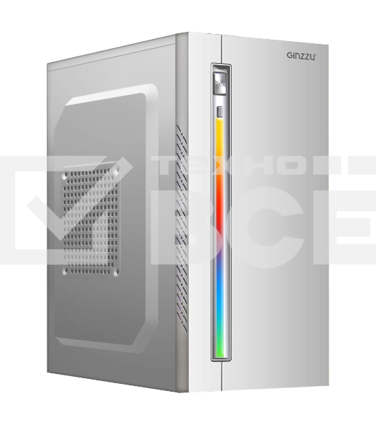 Компьютерный корпус MiniTower Ginzzu D380, RGB, mATX, 2xUSB2.0, белый,без БП, без вентиляторов