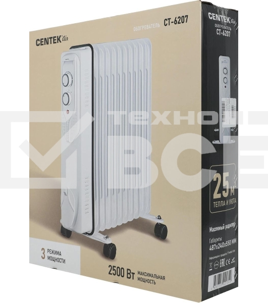 Масляный обогреватель Centek CT-6207 (11 секций) белый, 1000/1750/2500 Вт, 25 м2, 3 режима, термостат