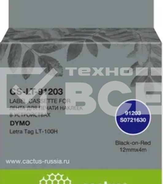 Картридж ленточный Cactus CS-LT-91203 черный шрифт, красный фон (12 мм, 4 м) для Dymo Letra Tag LT-100H