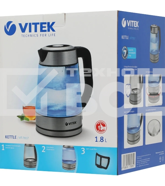Чайник электрический Vitek VT-7017, 1.8л, 2200Вт, прозрачный, корпус: стекло