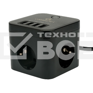 Сетевой фильтр Cablexpert Cube CUBE-3-U4-B-1.5, 3р, 10А, 4хUSB, 1.5м, ур.защиты 4+, черный, коробка