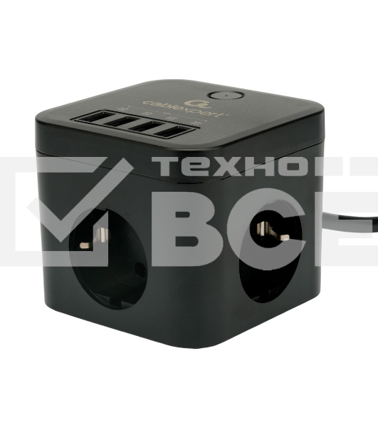 Сетевой фильтр Cablexpert Cube CUBE-3-U4-B-1.5, 3р, 10А, 4хUSB, 1.5м, ур.защиты 4+, черный, коробка