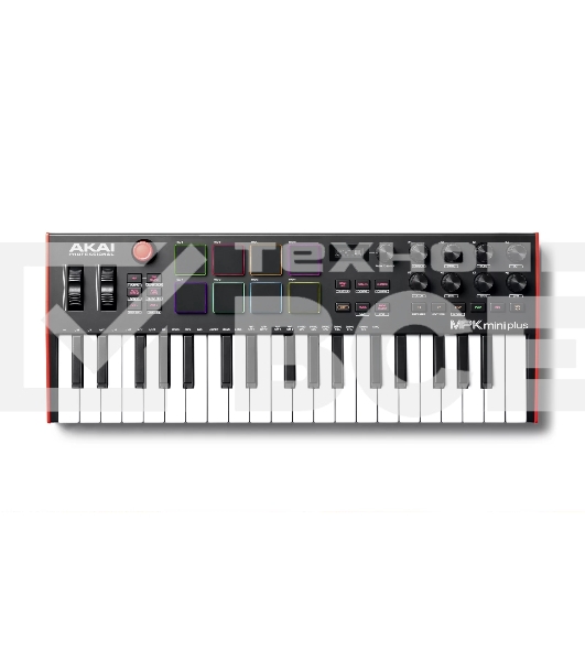 Клавиатура MIDI [MPKMINIPLUS] AKAI [MPK Mini Plus] 37 мини-клавиш, 8 пэдов с RGB, 8 энкодеров, шаговый секвенсор, арпеджиатор, колесо pitch и modulation, OLED дисплей, выходы: CV/Gate: 3 x 1/8 Pitch/Gate/Mod, 1 x 1/8 CV Clock, вход: 1/8 CV Clock MIDI