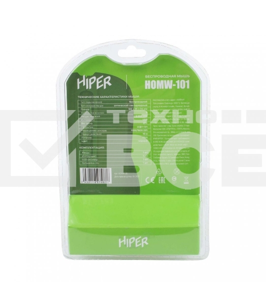 Мышь беспроводная HIPER HOMW-101, 1000-1600 dpi, оптический, 4 кнопки, Soft-touch покрытие, USB-приемник, 2,4 ГГц, батарея 1хАА, черный (HOMW-101)