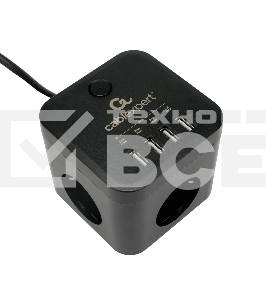 Сетевой фильтр Cablexpert Cube CUBE-3-U4-B-1.5, 3р, 10А, 4хUSB, 1.5м, ур.защиты 4+, черный, коробка