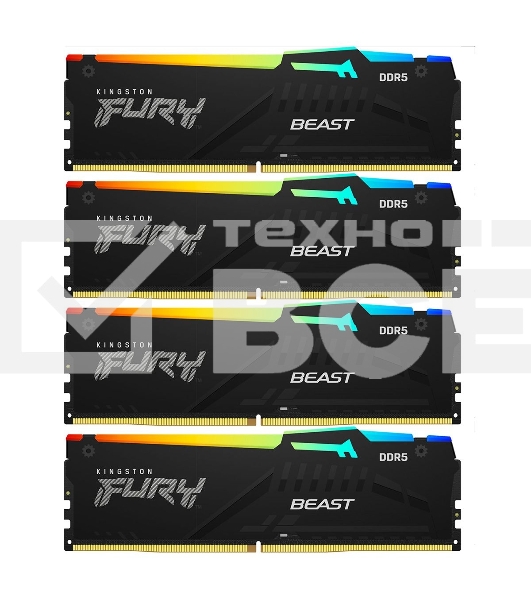 Оперативная память Kingston Fury Beast, DDR5, 128GB (4x32 GB), 5200 MHz, CL40, DIMM, с радиатором, RGB, чёрный