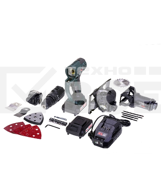 Профессиональный беспроводной мульти сет Klpro KLMS18-20 4в1 реноватор/уд шуруповерт/диск пила/лобзик (18В, Li-ion-2шт, 2.0А·ч,З/У, сумка + 20 аксес)