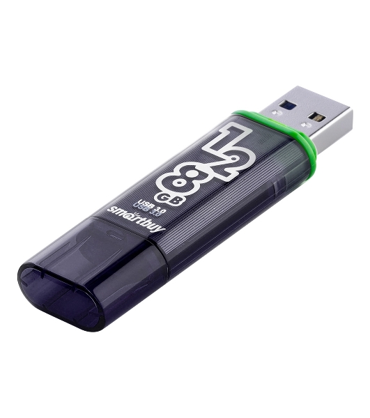 Флешка USB SmartBuy Glossy Dark Grey (SB128GbGS-DG), 128Gb, USB 3.0/3.1, R/W 75/25, черный/зеленый