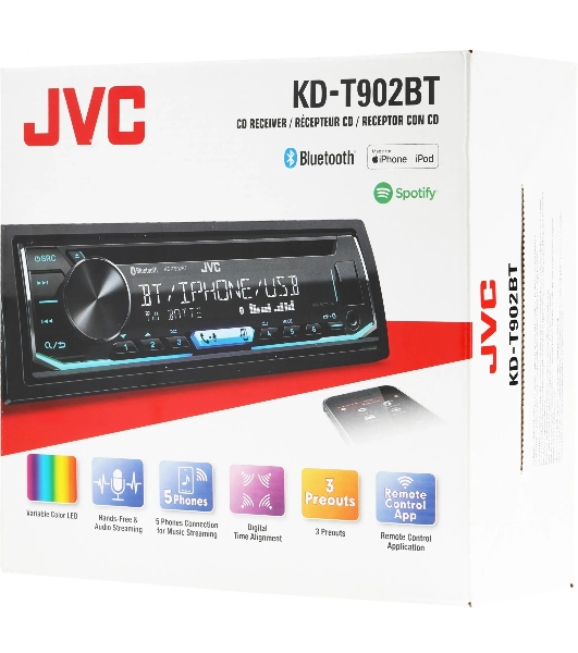 Автомагнитола JVC KD-T902BT, 1 DIN, CD, Bluetooth, USB Type-A, AUX, пульт ДУ, съёмная панель