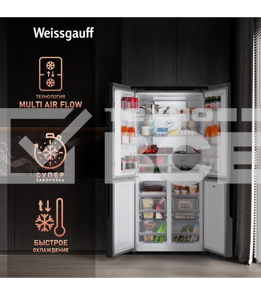 Холодильник Weissgauff WCD 450 INOX GLASS нержавеющая сталь трехкамерный side-by-side 286/141л морозилка снизу