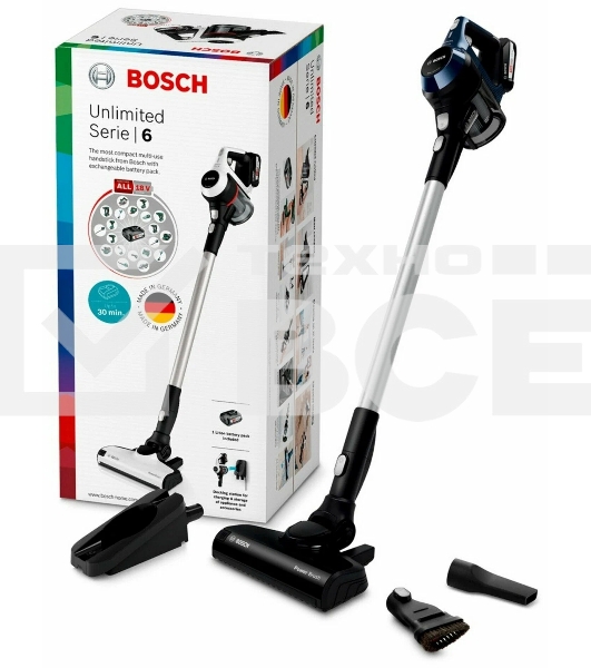 Пылесос вертикальный Bosch Unlimited BCS611P4A POWER FOR ALL 18V синий/черный, питание от аккумулятора, уборка сухая, работа от АКБ max 30 мин