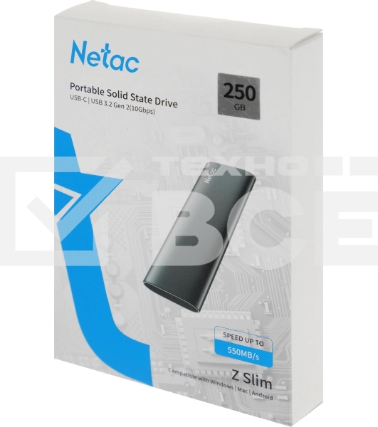Внешний SSD Netac Z SLIM, 250 Gb, USB 3.2 Gen 2 Type-C, R/W 550/480, черный