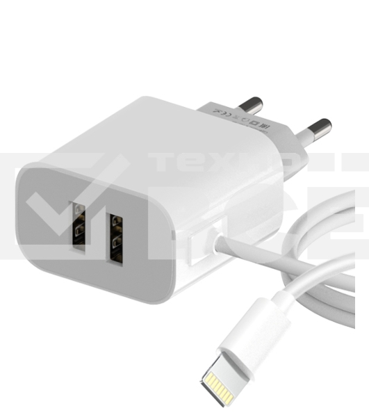 Сетевое зарядное устройство Maxvi CHL-242L 2хUSB 2.4A + литой кабель Lightning 1.2м, белый